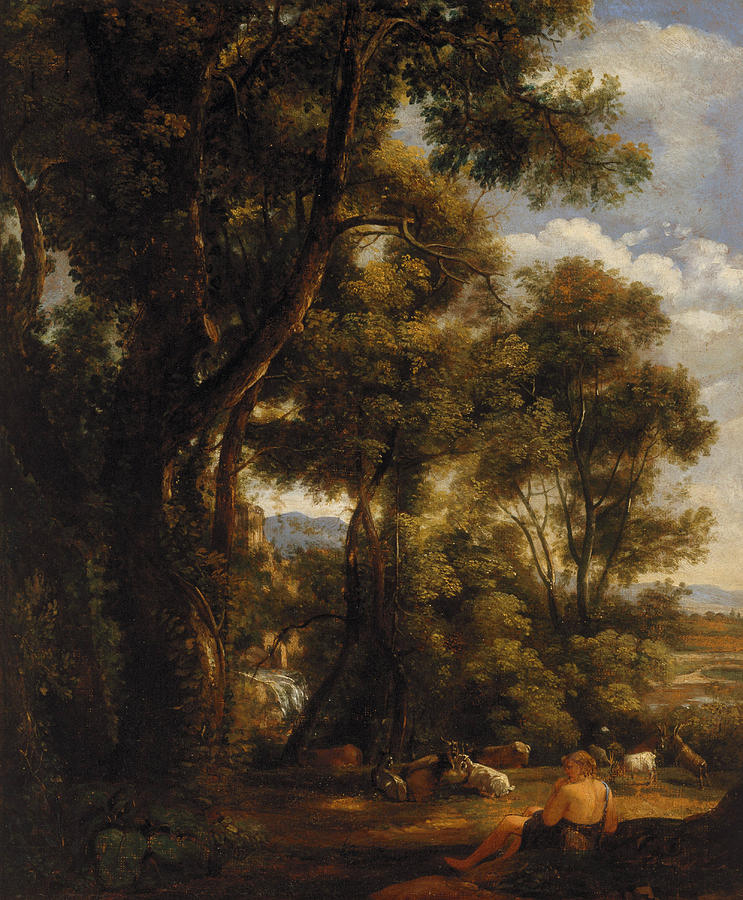Landscape with goatherd and goats Painting by John Constable
