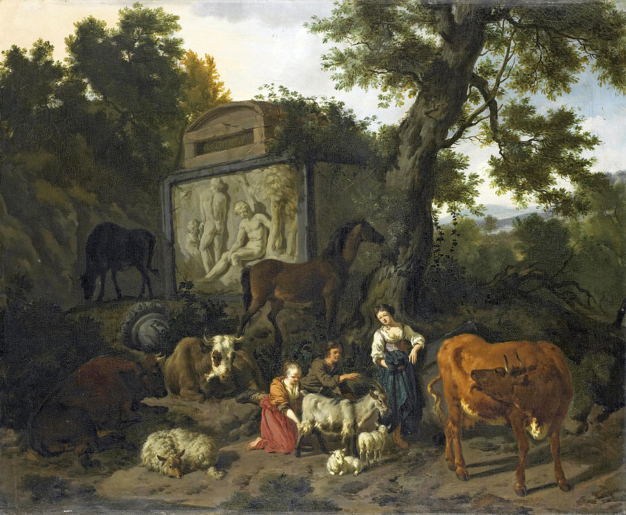 Landscape with Herdsmen and Cattle near a Tomb Painting by Dirck van der Bergen