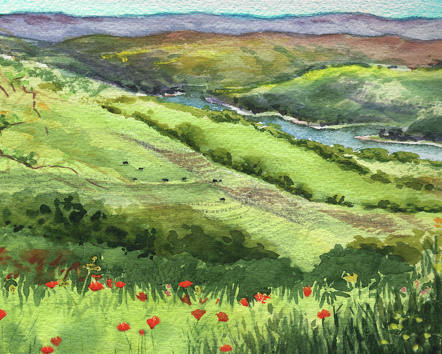 Landscape With Hills Creek And Flowers Watercolor Painting by Irina Sztukowski