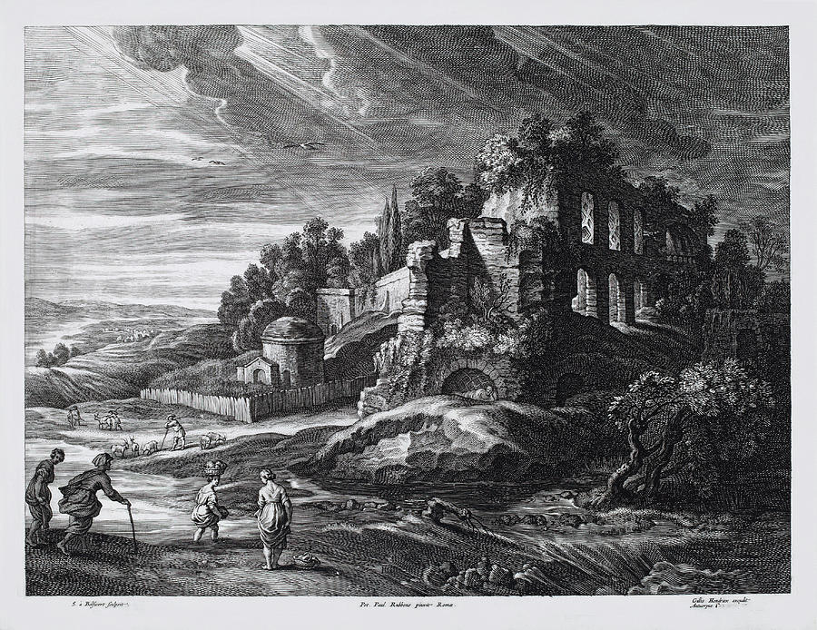 Landscape with Large Roman Ruins Drawing by Schelte Adams Bolswert