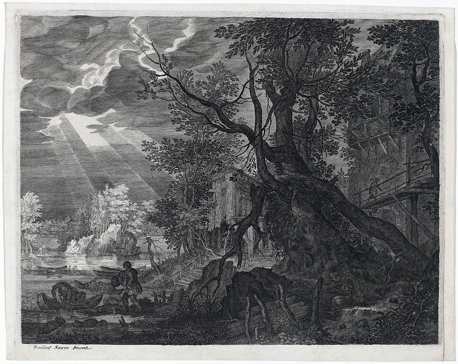  Landscape with Men Fishing by Moonlight Drawing by Aegidius Sadeler II