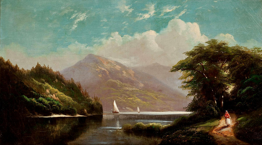 Landscape With Mountain Lake And Figures 19th Century American School 