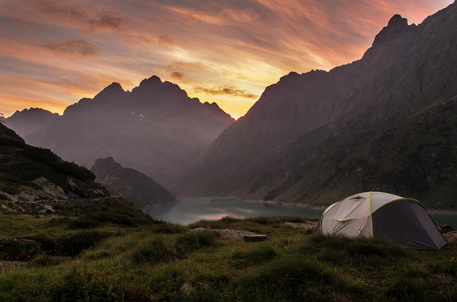 Sunset Photograph - Landscape with my camping tent at sunset by Nicola Aristolao