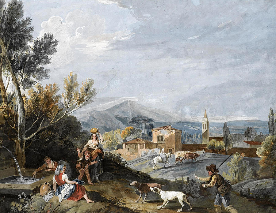 Landscape with Peasants by a Roadside Fountain Drawing by Antonio Zucchi