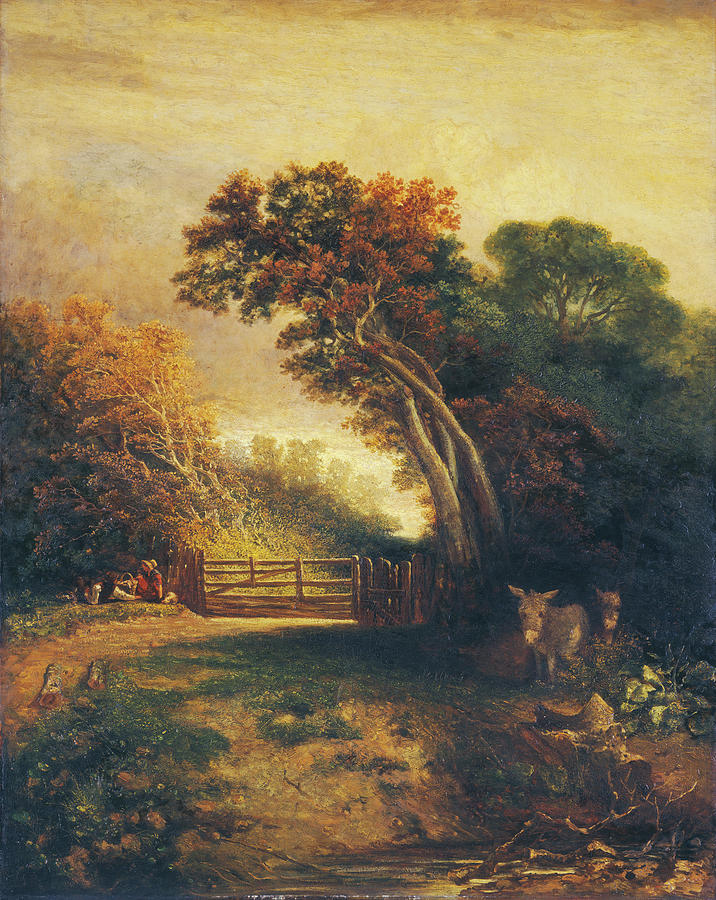 Landscape with Picnickers and Donkeys by a Gate Painting by Joseph Paul