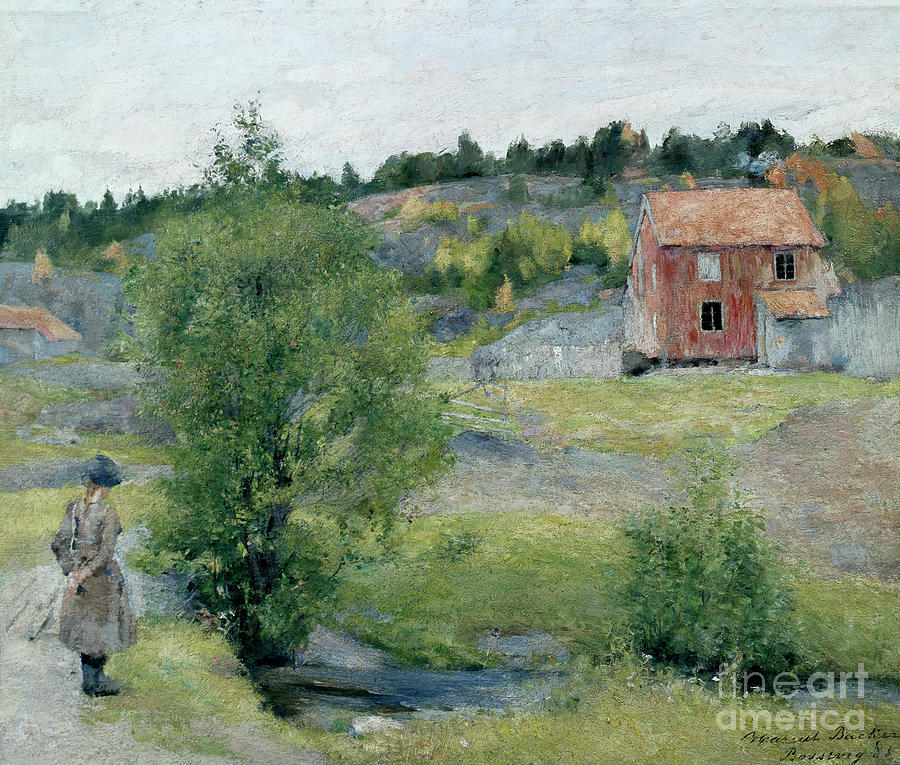 Landscape with red house in Bossevig Painting by Harriet Backer