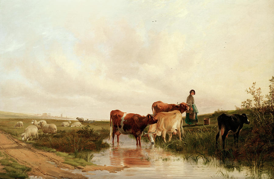 Landscape with sheep and cattle at a stream Painting by Thomas Sidney ...