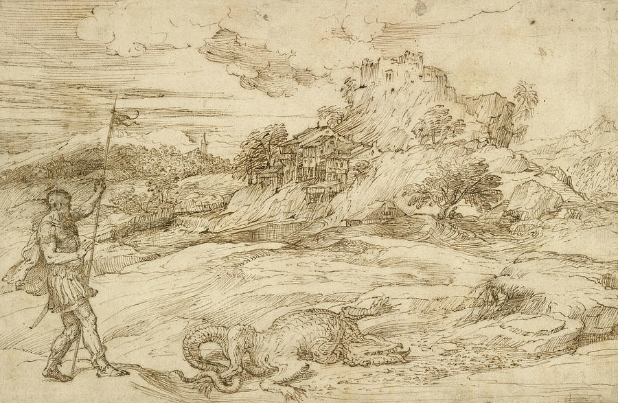 Titian Drawing - Landscape with St. Theodore Overcoming the Dragon by Titian