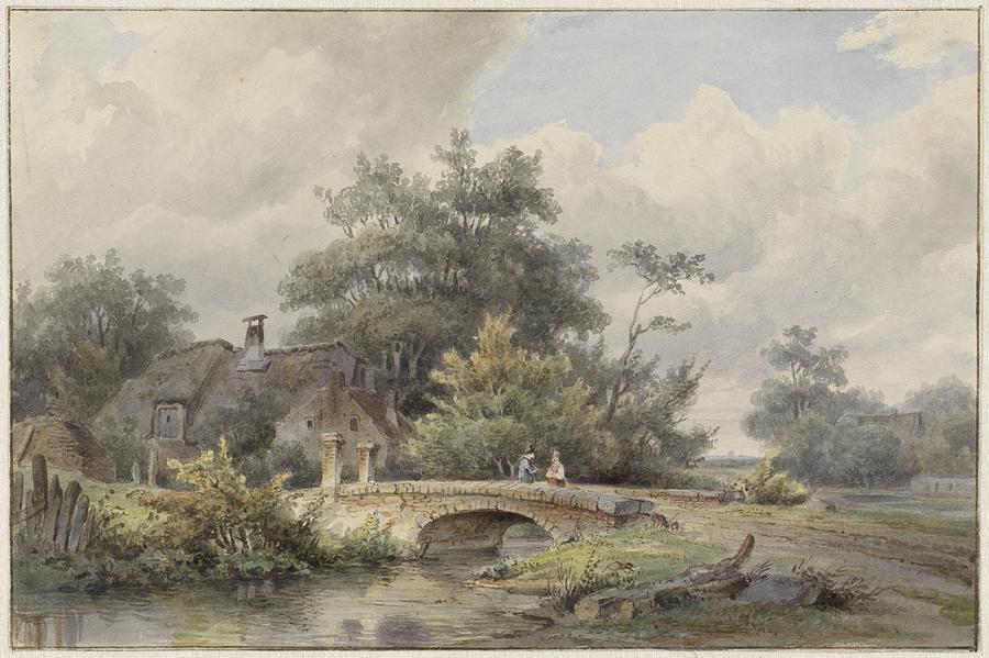 Landscape with stone bridge near a house Painting by Barend Cornelis
