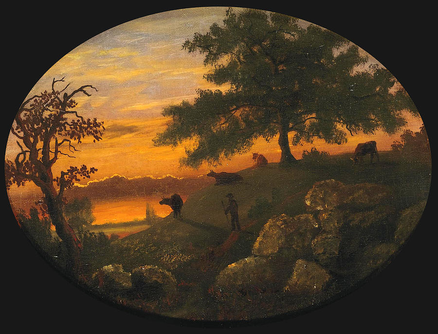 Landscape with Sunset and Herder with Cattle Painting by Albert Bierstadt