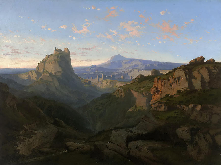 Landscape with the Castle of Montsegur Painting by Lluis Rigalt