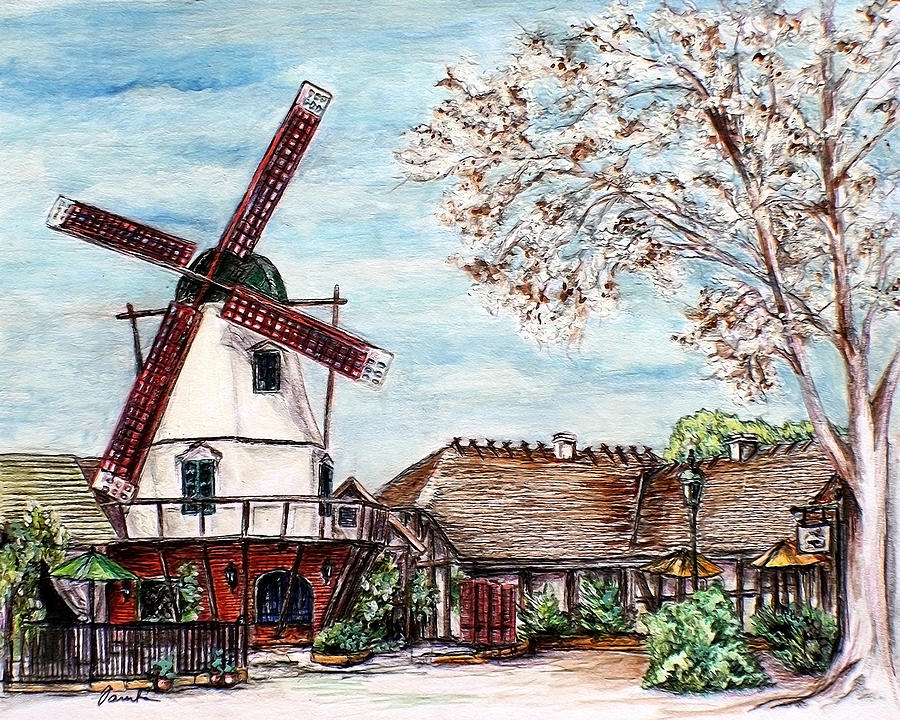 Landscape with the windmill Solvang California Drawing by Danuta Bennett