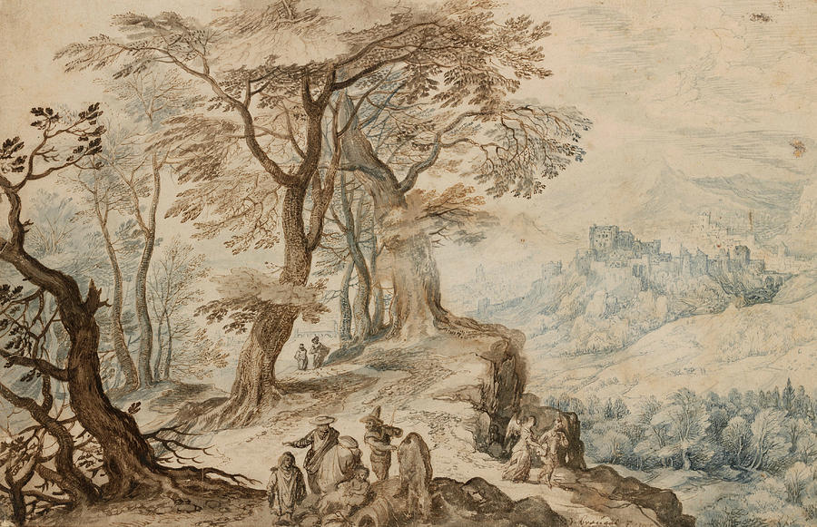 Landscape with Tobias and the Angel Drawing by Jan Brueghel the Younger