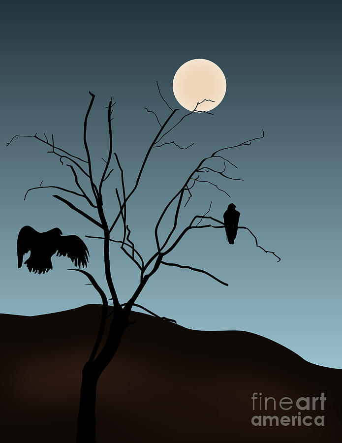 Landscape with Tree Vultures and Moon Digital Art by David Gordon