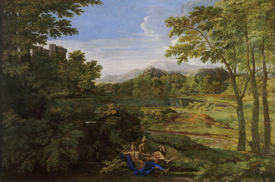 Nicolas Poussin Painting - Landscape with two nymphs and a snake by Nicolas Poussin