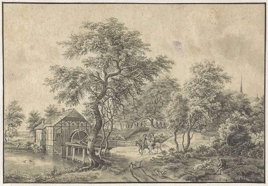 Landscape With Water Mill And Two Horsemen, Petrus Adrianus Koppius, After Meindert Hobbema, 1823 - Painting