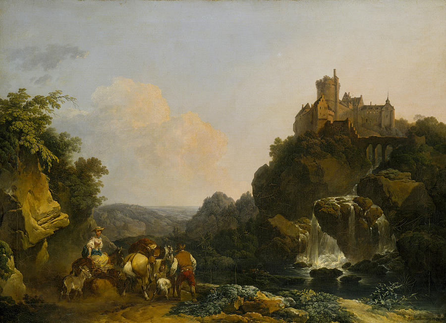 Landscape with Waterfall, Castle and Peasants Painting by Philip James de Loutherbourg