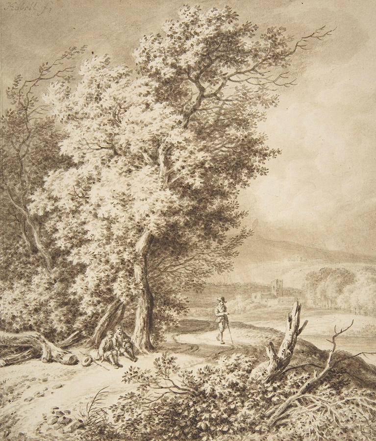 Landscape with Wayfarers Drawing by Ferdinand Kobell