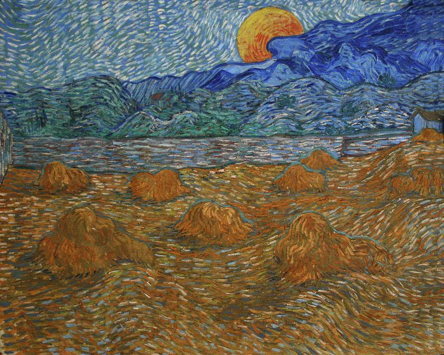 Landscape with wheat sheaves and rising moon 1889 Painting by Vincent