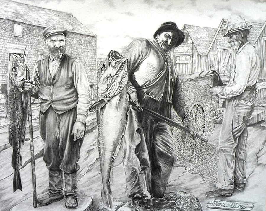 Lanes Cove Fishermen Drawing by James Oliver