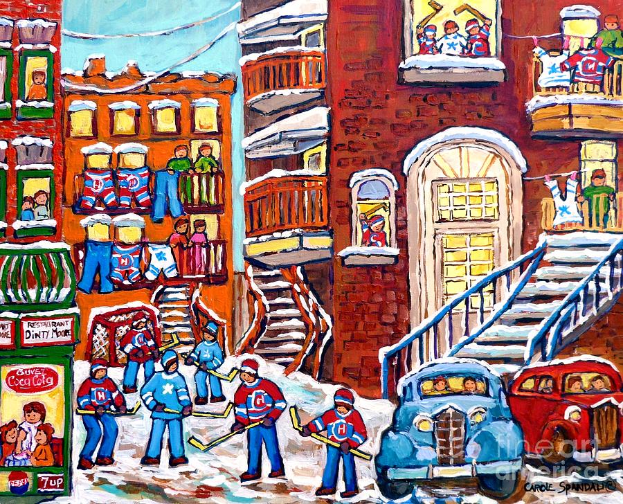 Laneway Hockey Denty Moore Diner Winter Staircase Montreal Memories Canadian Hockey Art C Spandau    Painting by Carole Spandau