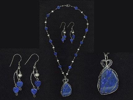 Wire Wrap Jewelry - Lapis Lazuli with Fresh Water Pearls and Sterling Silver Wire Wrap Pendant and Earring Set by Darlene Ryer