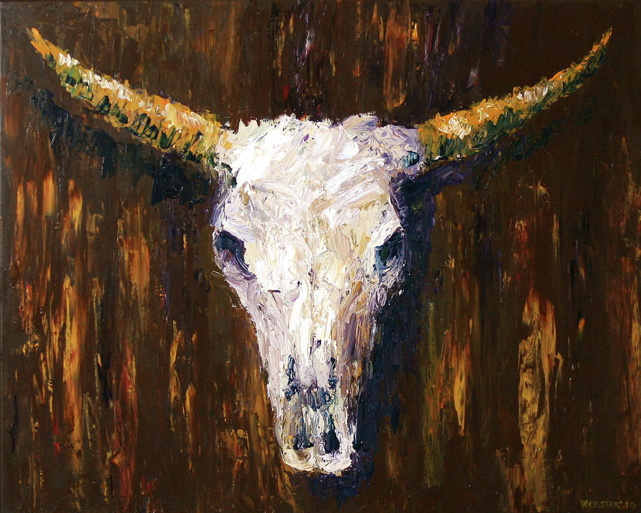 Large Cow Skull Acrylic Palette Knife Painting Painting by Mark Webster