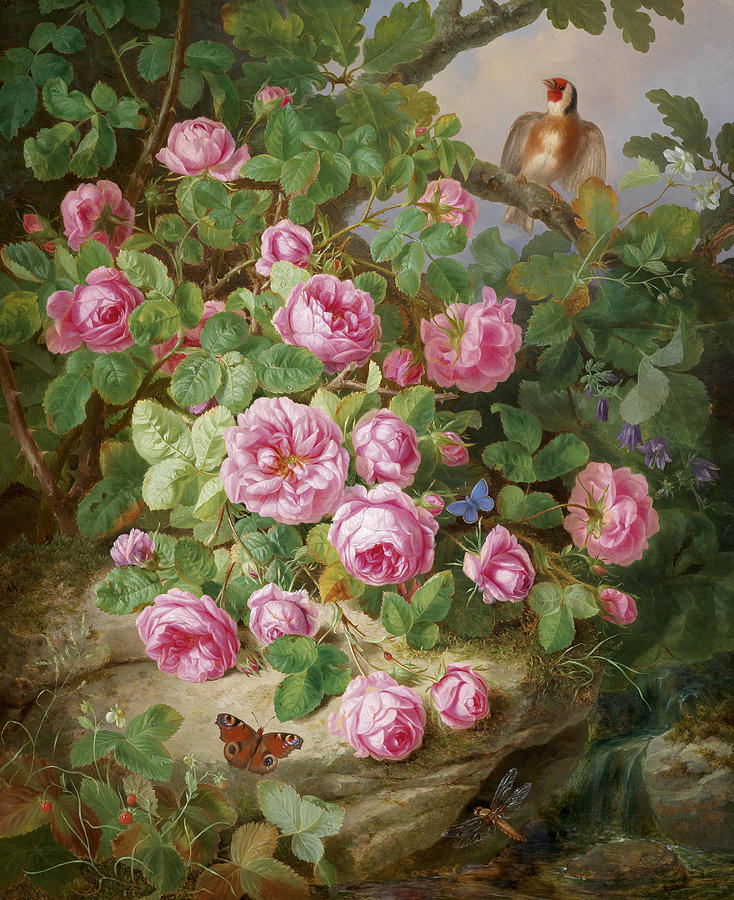 Large Decorative Still Life with Roses Butterflies and Bird Painting by Josef Lauer