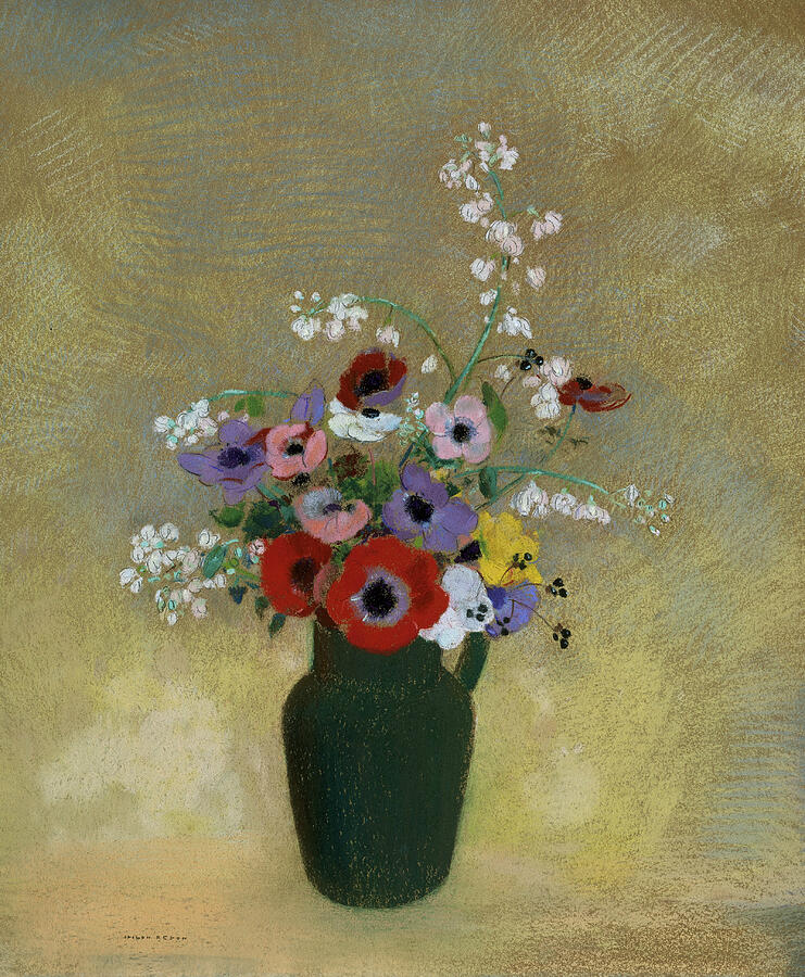 Large Green Vase with Mixed Flowers #4 Pastel by Odilon Redon