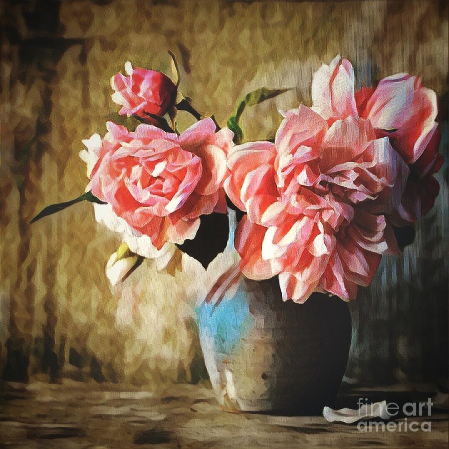Flower Painting - Large pink flowers in a vase by Amy Cicconi