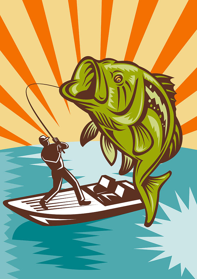 Largemouth Bass Fish And Fly Fisherman Digital Art