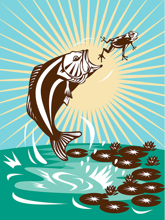 Largemouth Bass Digital Art - Largemouth Bass Jumping Catching Frog  by Aloysius Patrimonio