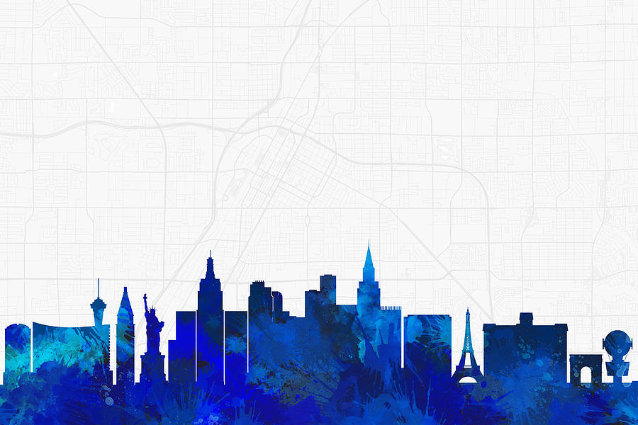 Las Vegas Digital Art - Las Vegas Cityscape and Streetmap Blue Skyline by Jurq Studio