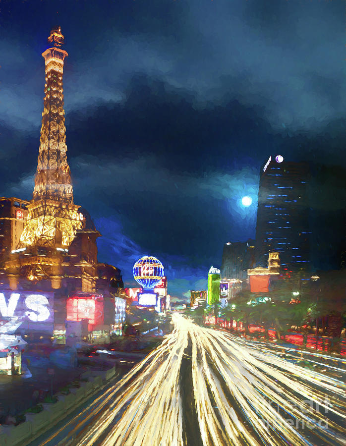 Las Vegas Strip Paris At Night Painting By Robert Gaines