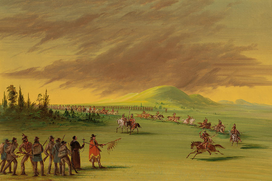 Vintage Painting - LaSalle Meets a War Party of Cenis Indians on a Texas Prairie by Mountain Dreams