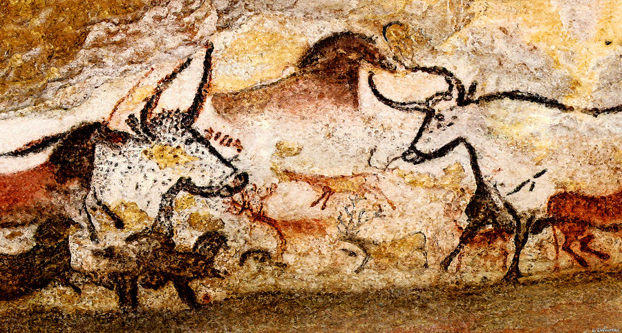 Prehistoric Digital Art - Lascaux Hall of the Bulls - Deer and Aurochs by Weston Westmoreland