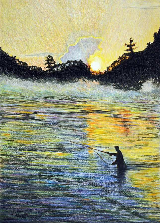 Sunset Drawing - Last Cast by Suzanne McKee