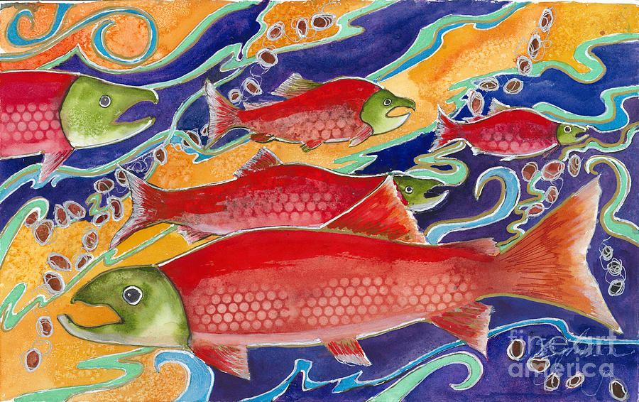 Last Dance of the Sokeye Salmon Painting by Susan Blackaller-Johnson