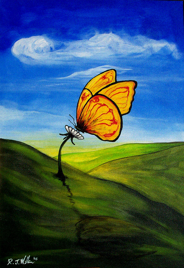 Butterfly Painting - Last Flower Standing on Grassy Knoll by Rj Williams