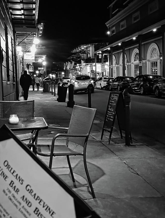 Late Night Sidewalk Cafe - New Orleans - b/w Photograph by Greg Jackson