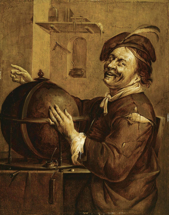 Laughing Democritus seated next to a terrestrial Globe Painting by Jacob Duck