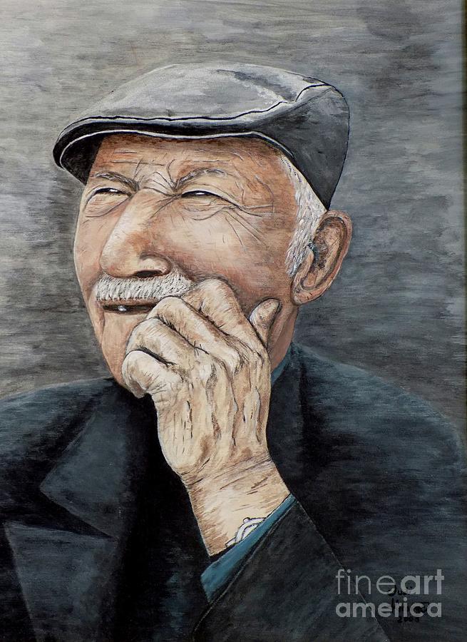 Hat Painting - Laughing Old Man by Judy Kirouac