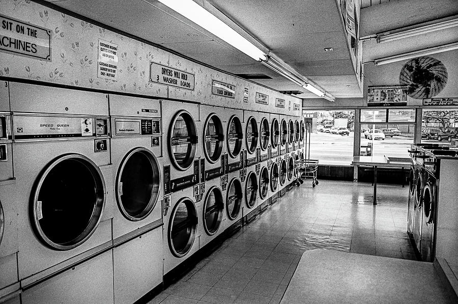 Black And White Photograph - Laundromat Washing Machines in Black and White by YoPedro