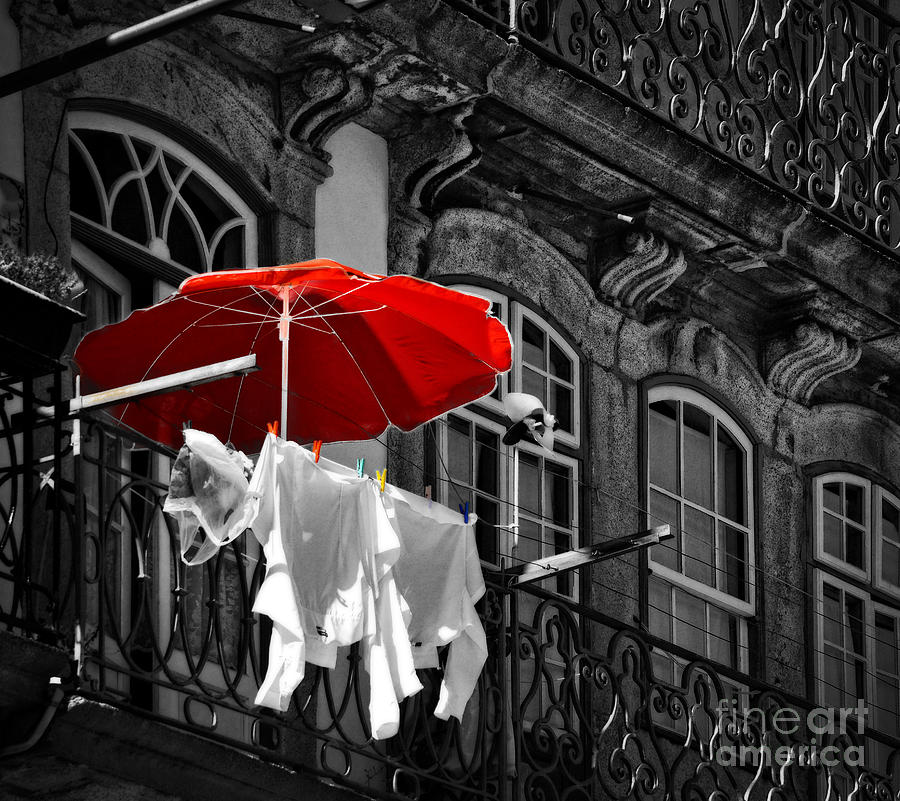 Laundry With Red Umbrella In Porto - Portugal Photograph