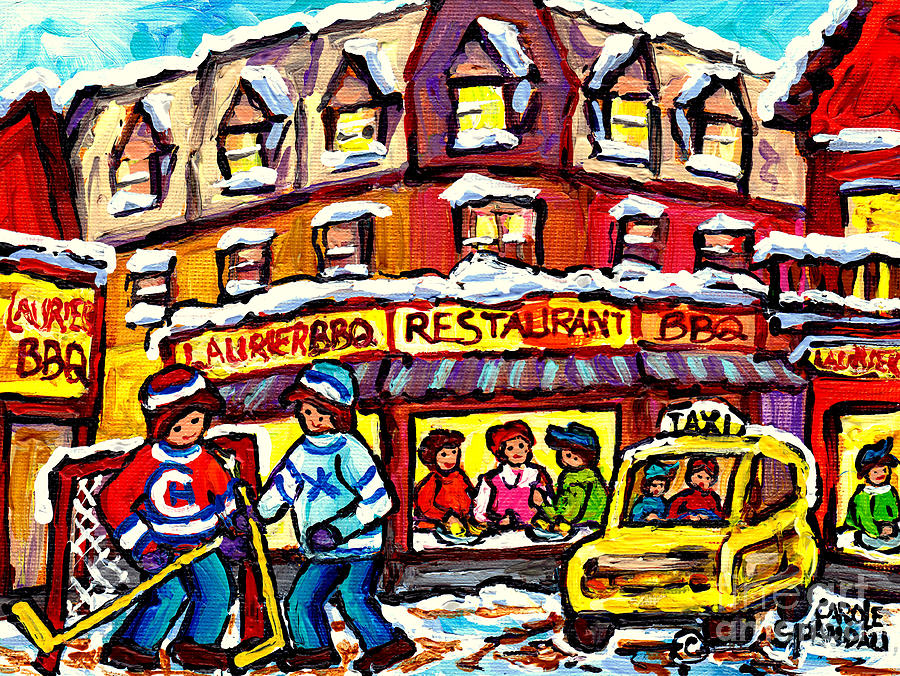 Laurier Bar B Q Restaurant Paintings  Montreal Winter Street Scenes Hockey Art Canadian Artist  Painting by Carole Spandau