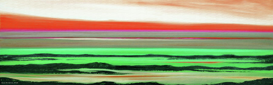 Lava Rock Abstract Panoramic Sunset in Red and Green Painting by Gina De Gorna