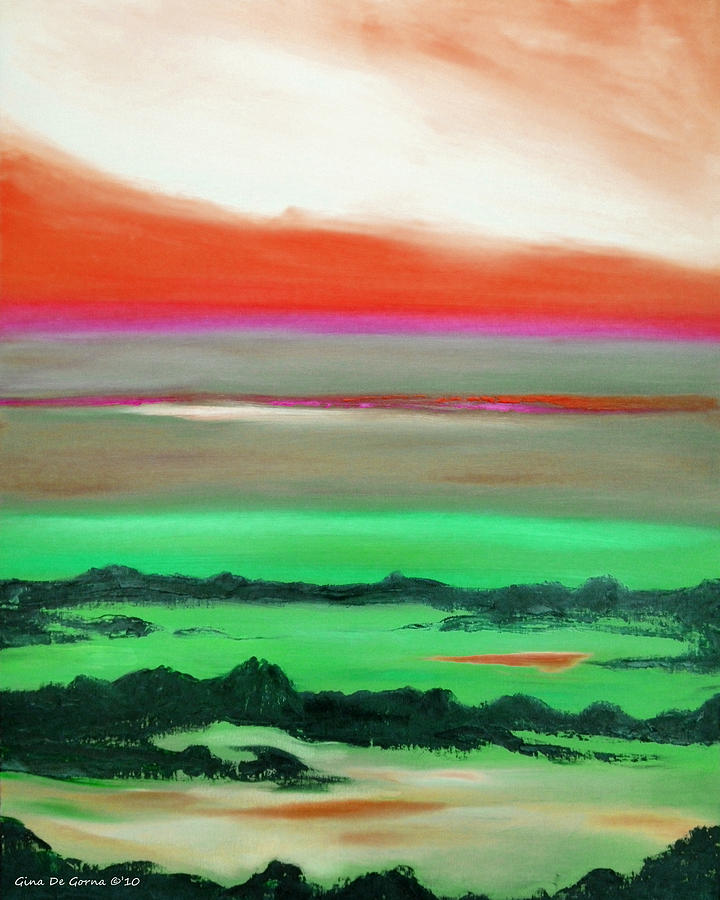 Lava Rock Sunset in Red and Green Painting by Gina De Gorna