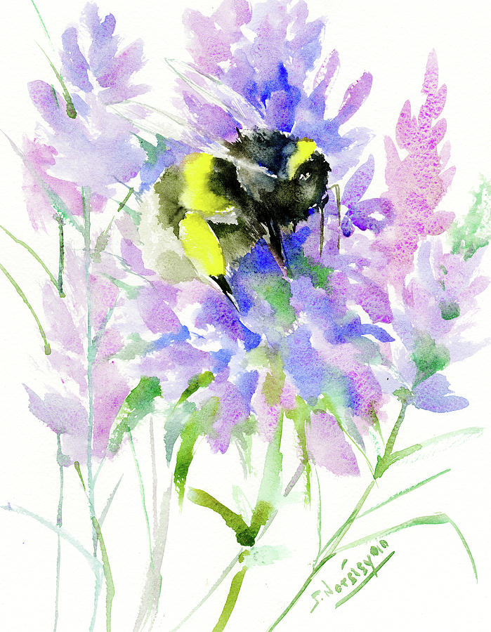 Bumblebee Painting - Lavender and Bumblebee by Suren Nersisyan