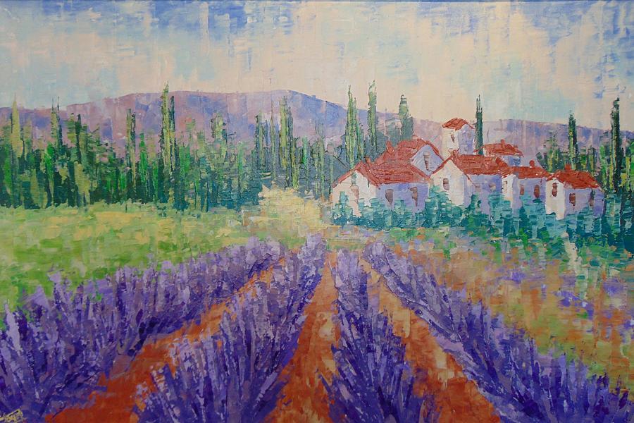 Lavender and Village of Provence Painting by Frederic Payet