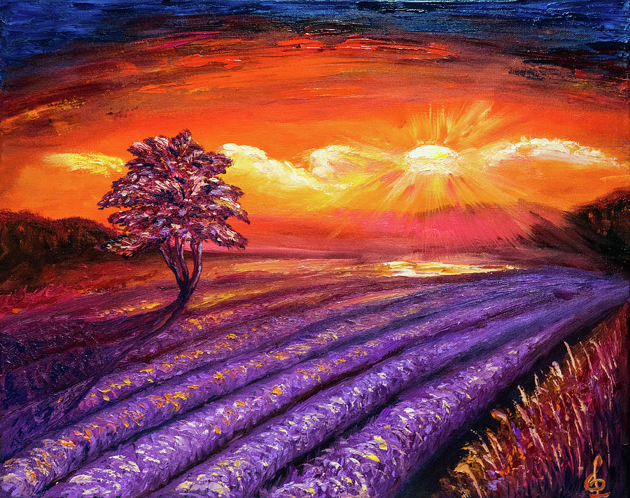 Lavender field at Sunset Painting by Lilia D